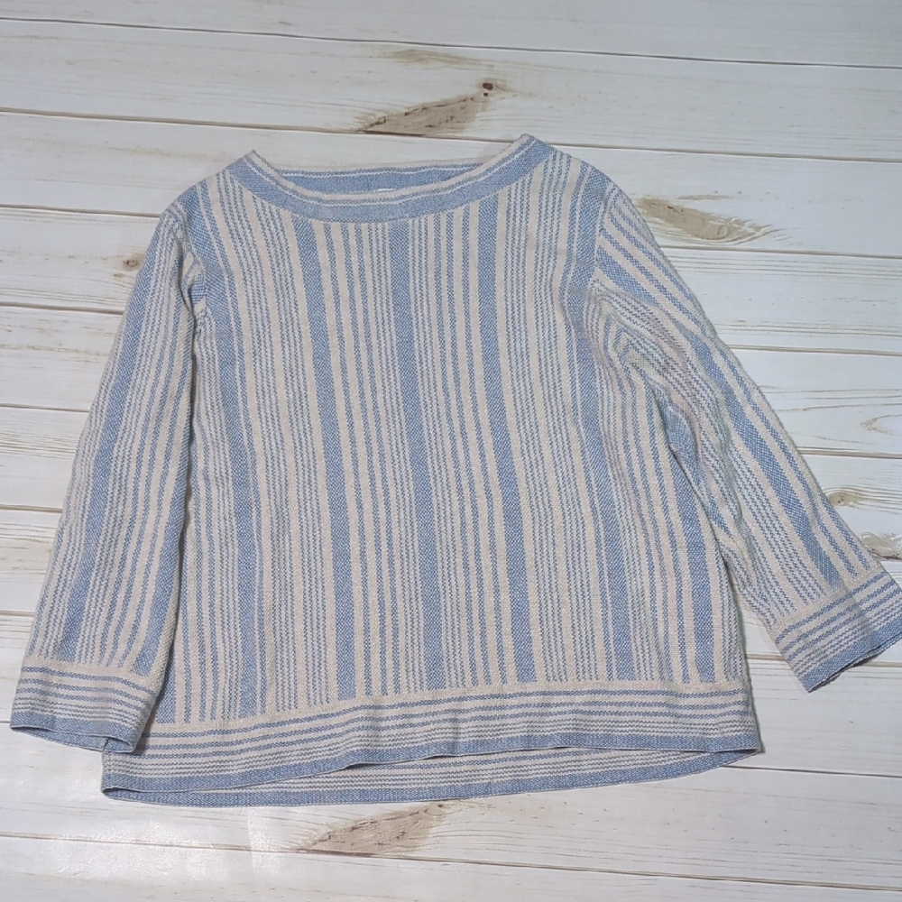 Poetry Blue and Cream Crew Neck Sweater with Nautical Stripes